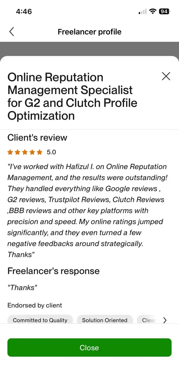 Verified Upwork client review 3