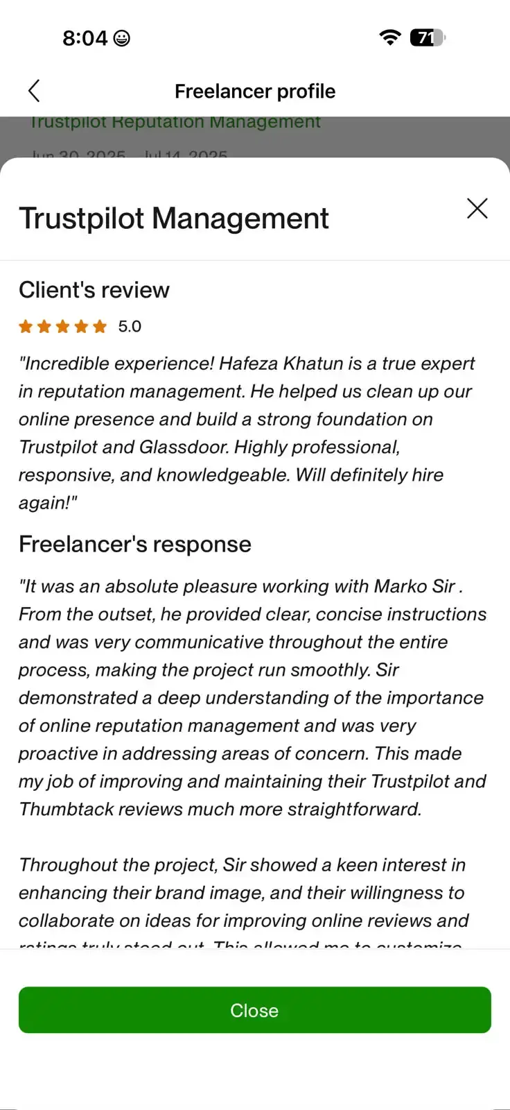 Verified Upwork client review 6