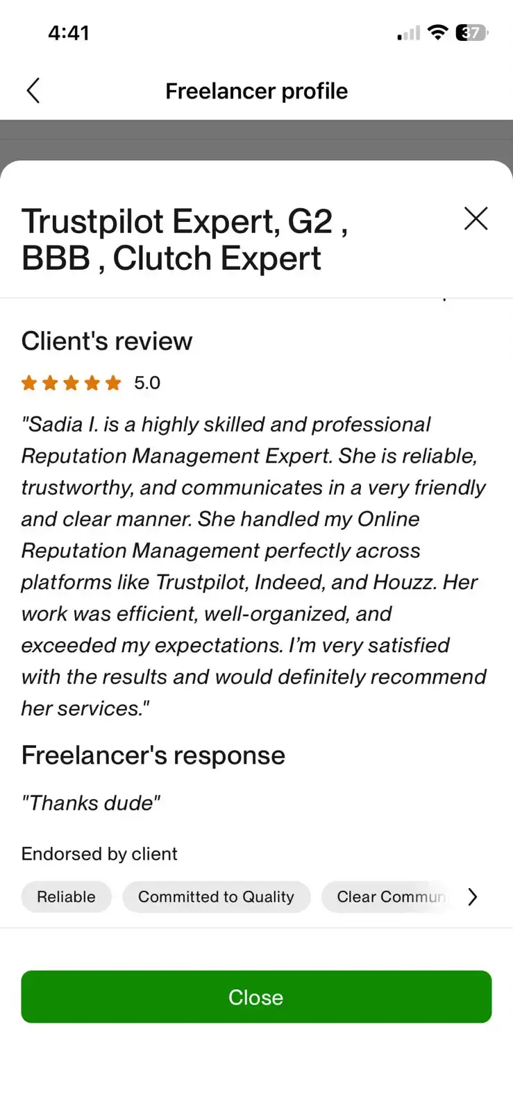 Verified Upwork client review 1