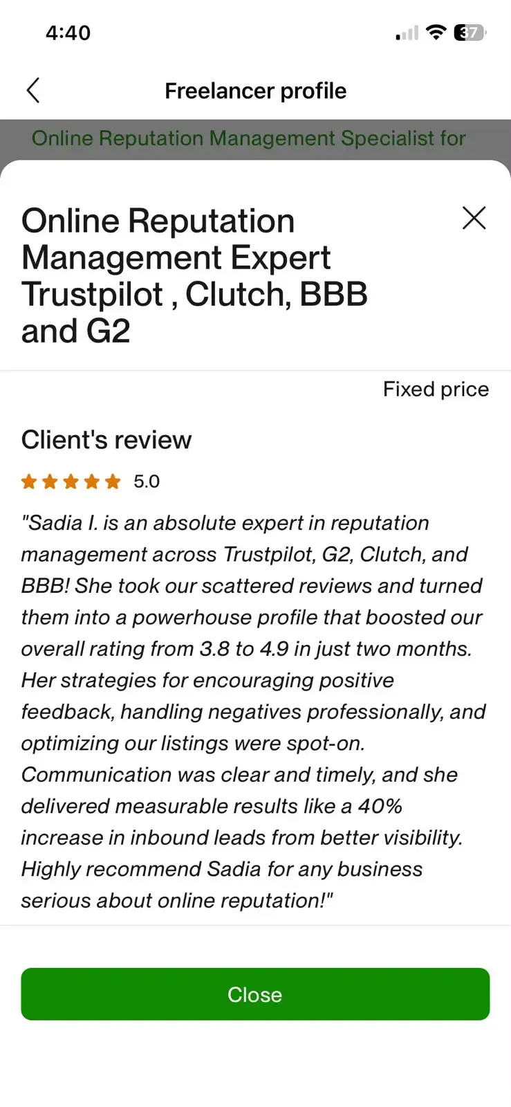 Verified Upwork client review 9