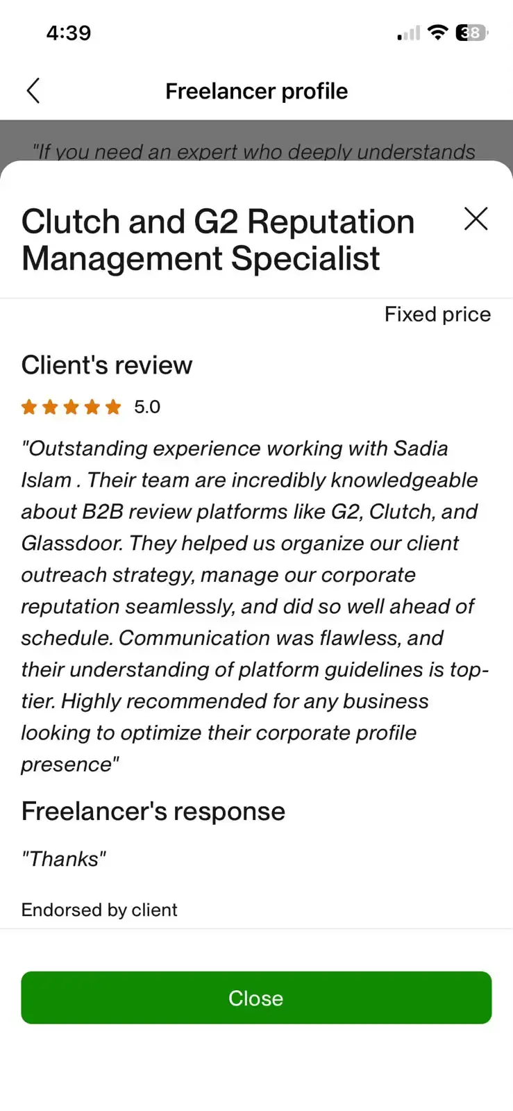 Verified Upwork client review 2